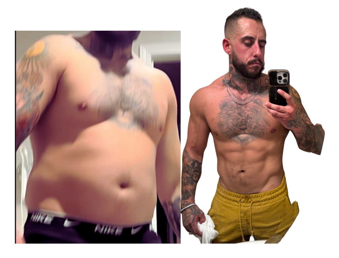 Gym Truck Chico owner James Biccum personal before-and-after transformation — from higher body fat to lean, defined muscle and visible abs — proof he follows the same in-home training and nutrition plan he coaches clients through in Chico, CA