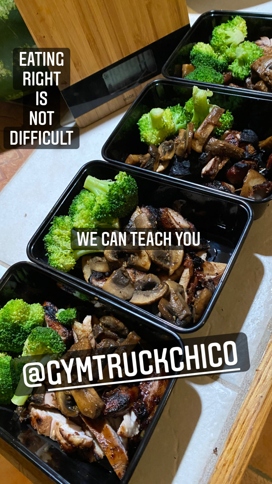 Meal prep containers of broccoli and sautéed mushrooms with the caption "We can teach you," representing the custom nutrition coaching included with personal training from Gym Truck Chico in Chico, CA.