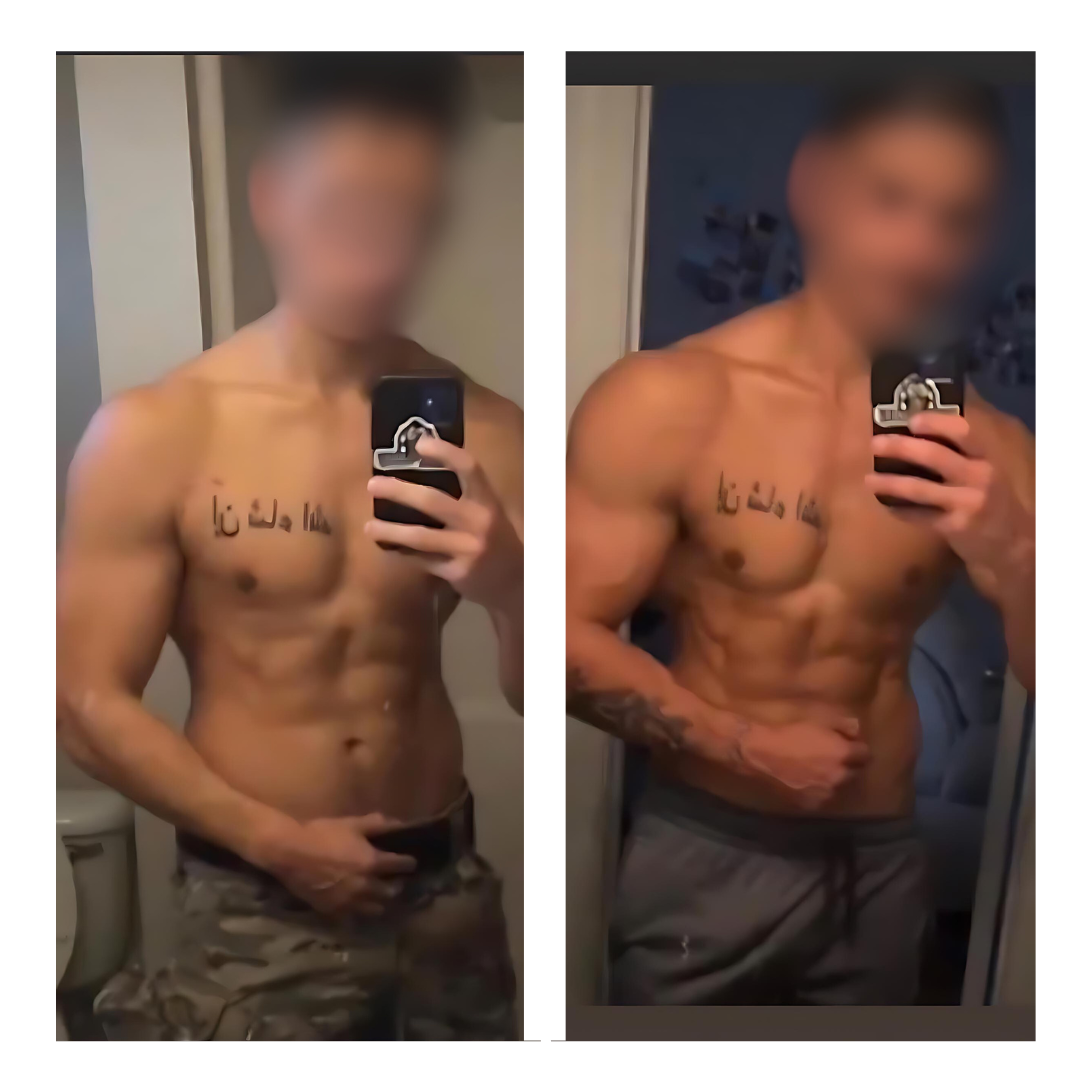 Before and after front-view weight loss photo of a Gym Truck Chico client showing a flatter stomach and slimmer waist after mobile personal training in Chico, CA