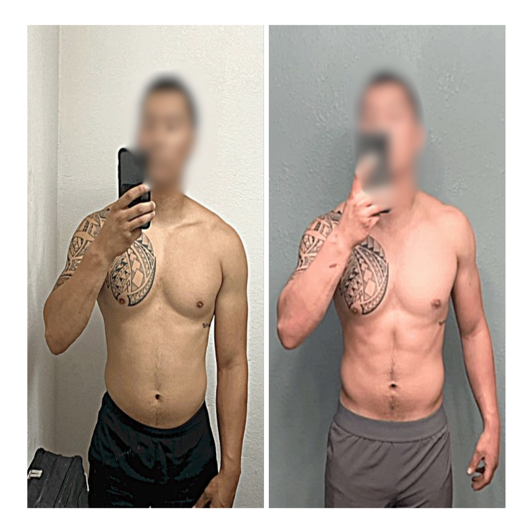 Full-body before and after transformation of a Gym Truck Chico client showing fat loss across the waist, hips, and legs after mobile gym workouts in Chico, CA